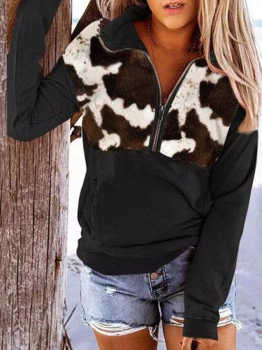 Women's Hoodie Leopard Print Zip Pocket Long Sleeve Hoodie