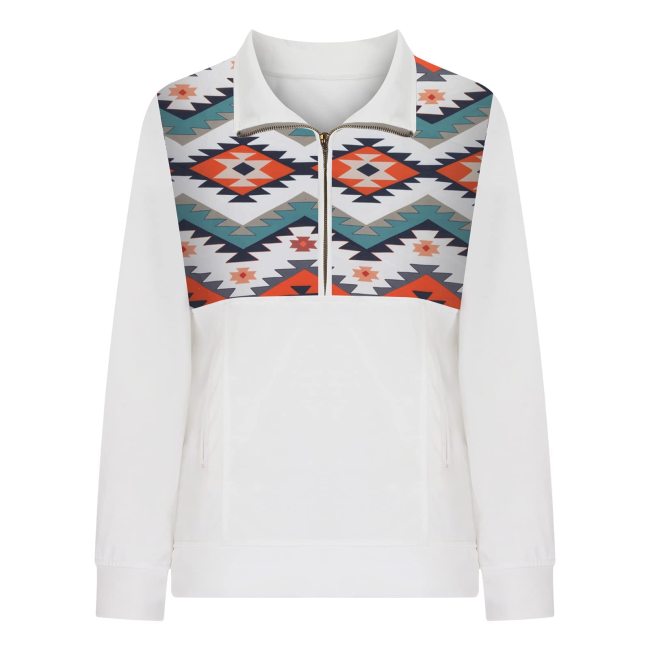 Women's Sweatshirt West Aztec Geometric Pattern Long Sleeve Zipper Cotton-Blend Sweatshirt