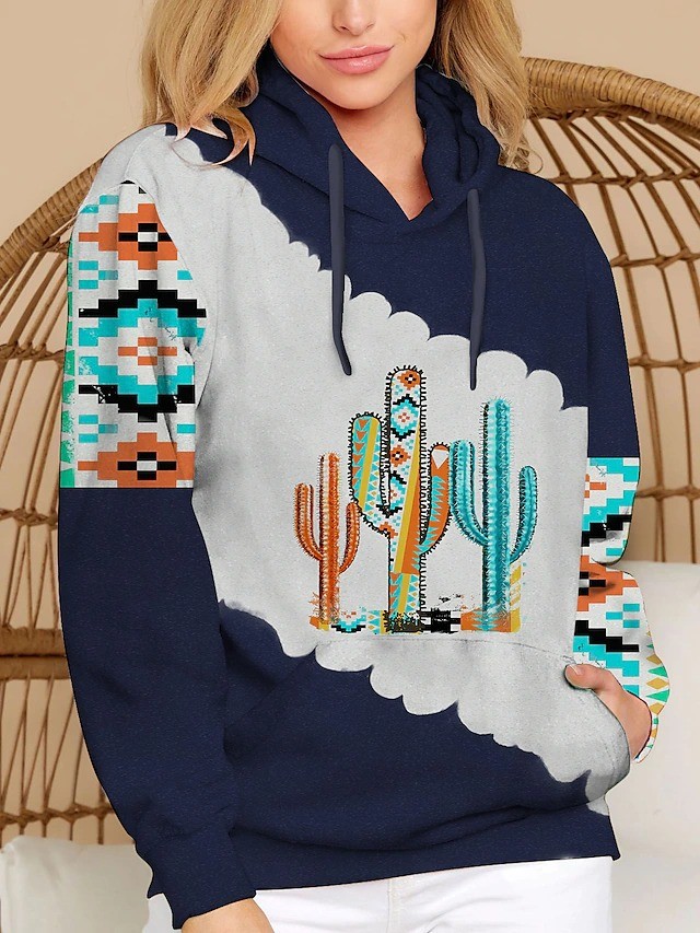 Women's Hoodies Cactus Print Pocket Long Sleeve Hoody