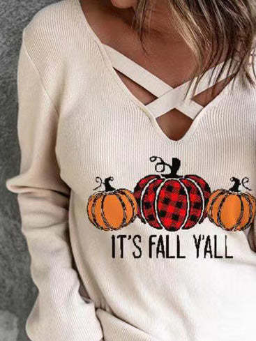 Women's Sweaters Pumpkin Print V-Neck Long Sleeve Sweaters