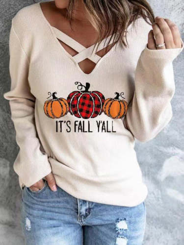 Women's Sweaters Pumpkin Print V-Neck Long Sleeve Sweaters