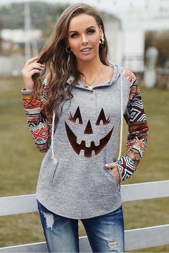 Ladies Tribal Aztec Raglan Sleeve Halloween Pumpkin Face Hoodie