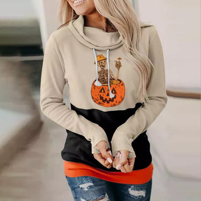 Women's Hoodies Halloween Inspired Pumpkin Graphic High Neck Long Sleeve Hoodies