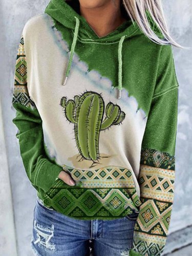 Women's Hoodies Cactus Print Pocket Long Sleeve Hoody