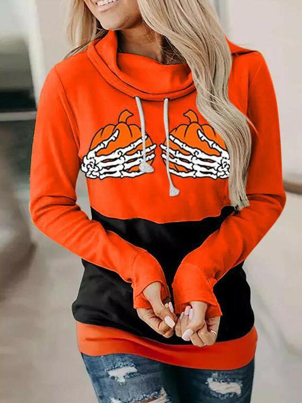 Women's Hoodies Skeleton Hand Pumpkin High Neck Long Sleeve Hoodies