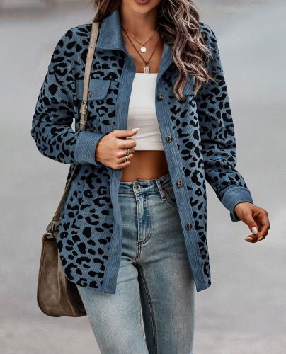 Women Corduroy Shacket Leopard Print With Pocket Button Down Long-Sleeved Vintage Pink Blue Color Women's Coat