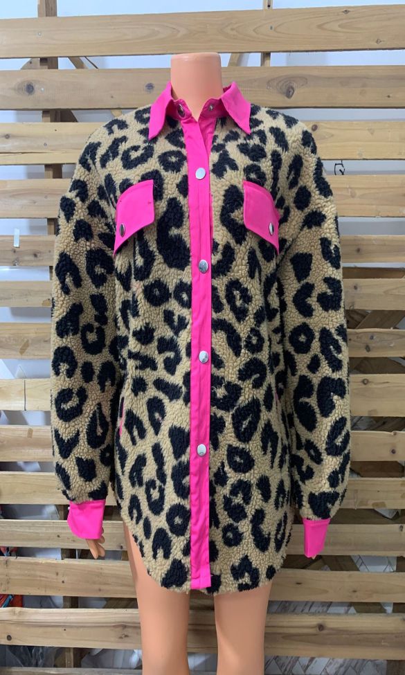 Women Leopard Shacket Oversized Fit Fashionably Neon Pink & 6 More Color Fleence Button Down Pocket Jacket