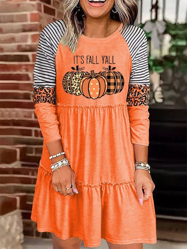 Casual Pumpkin Print Long Sleeve Dress