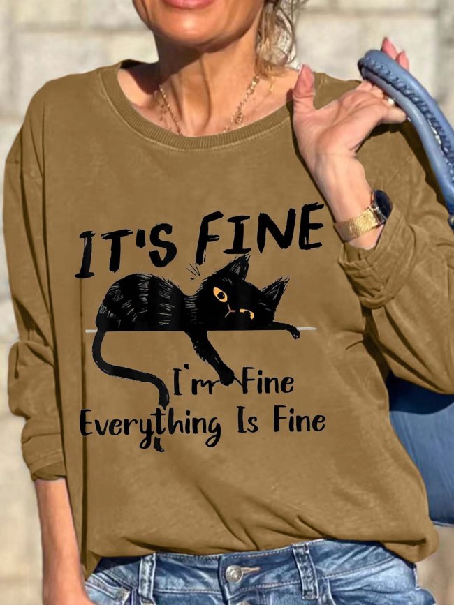 Women Black Cat It’s Fine Loose Crew Neck Casual Sweatshirts