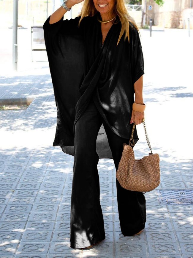 Simple Casual Loose V Neck Top Pants Set