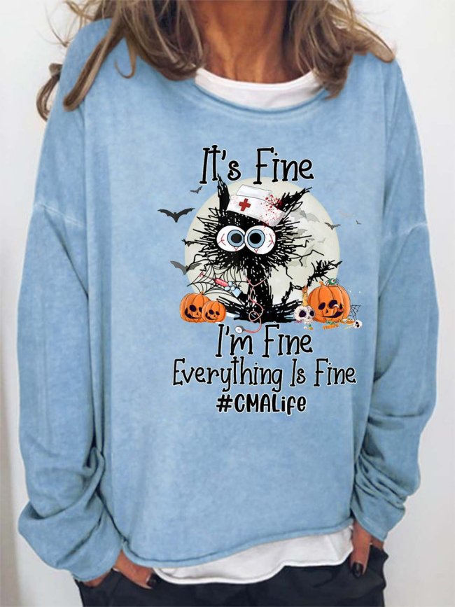 Women Black Cat I’m Fine Pumpkin Light Casual Halloween Loose Sweatshirts