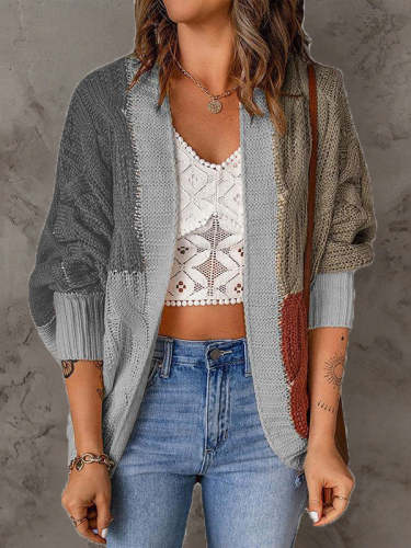 Women's Cardigans Loose Colorblock Long Sleeve Knit Cardigan