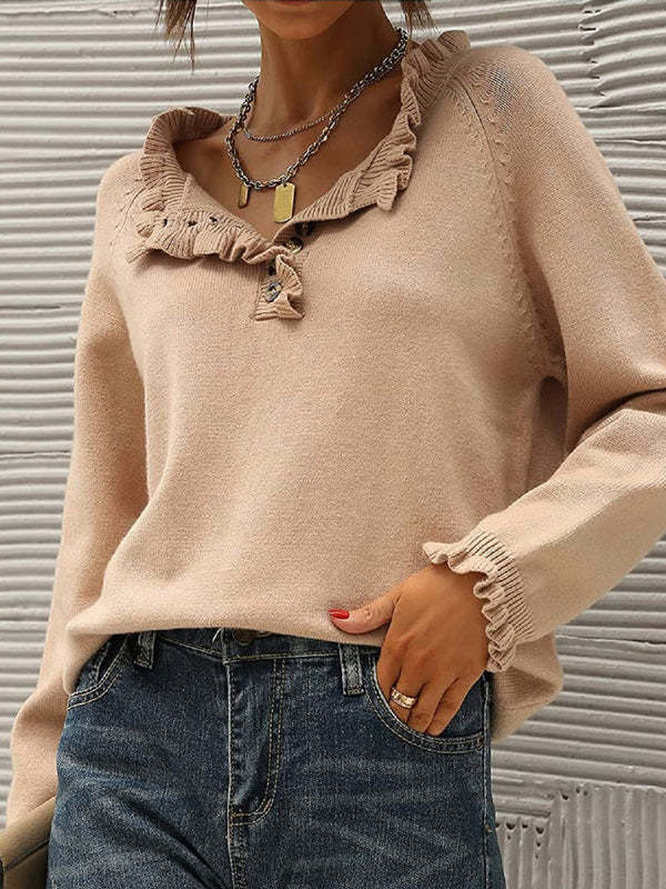 Women's Sweaters Casual Button Ruffle Long Sleeve Sweater