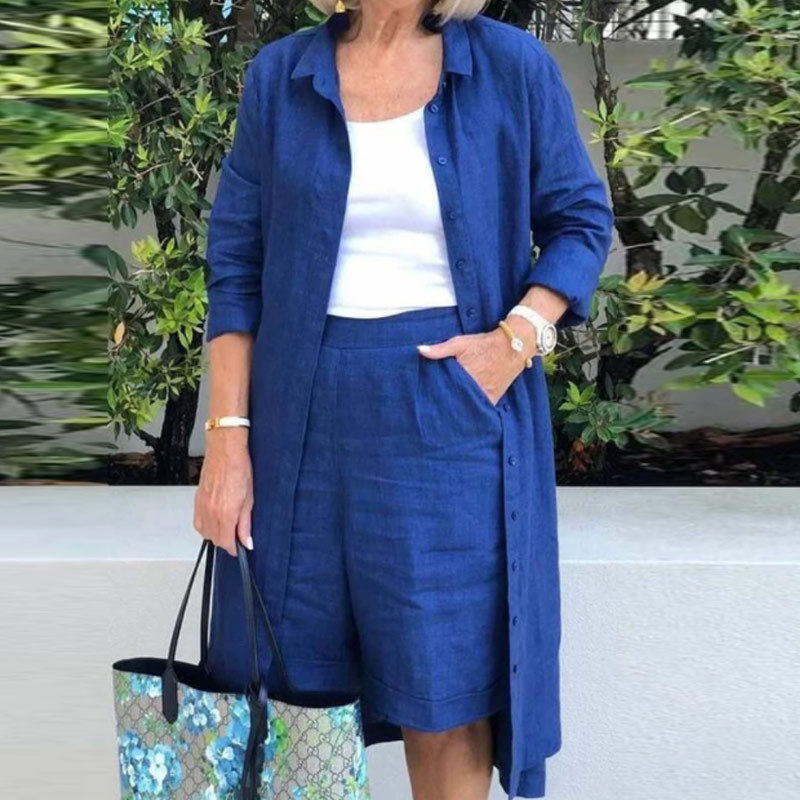 Women Oversized Two Piece Set Long Sleeve Turn Down Collar Straight