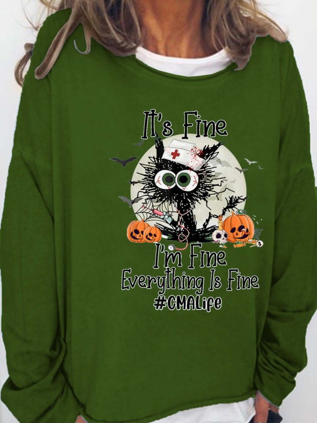 Women Black Cat I’m Fine Pumpkin Light Casual Halloween Loose Sweatshirts