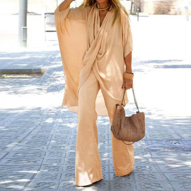 Simple Casual Loose V Neck Top Pants Set