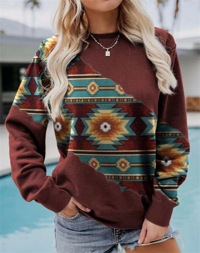 Women's Aztec Geometric Ethnic Indian Pattern Long Sleeve Sweatshirt Tribal Western Sweatshirt