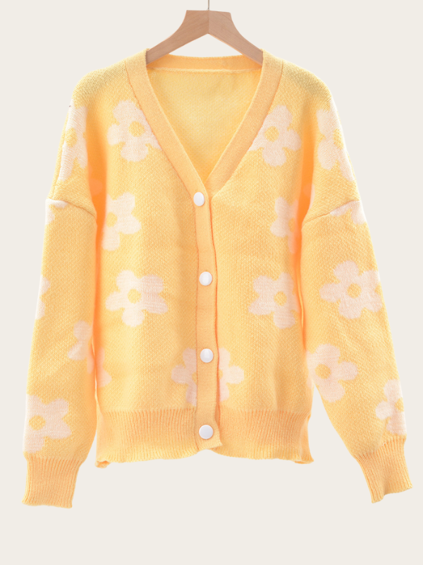 Women's Sweater Cardigan Floral Pattern V-Neck Button Down Knitted Sweater