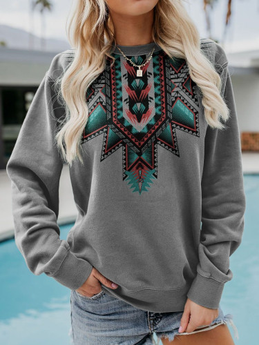 Women's Aztec Geometric Ethnic Indian Pattern Long Sleeve Sweatshirt Casual Crew Neck Shirt