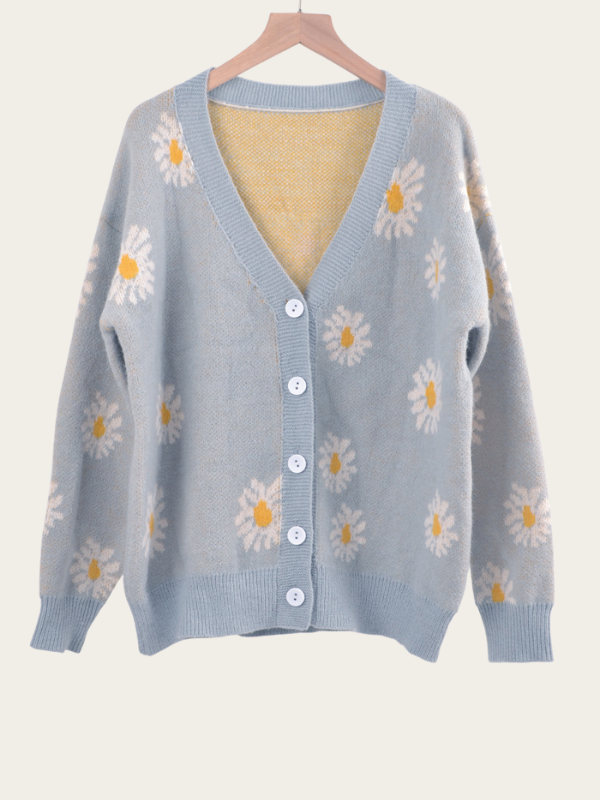 Womem's Sweater Cardigan Daisy Floral Pattern V Neck Slim Sweater Outwear
