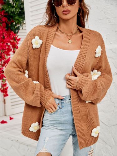 Women's Sweater Cardigan Daisy Oversized Open Front 3D Knit Daisies Cardigan