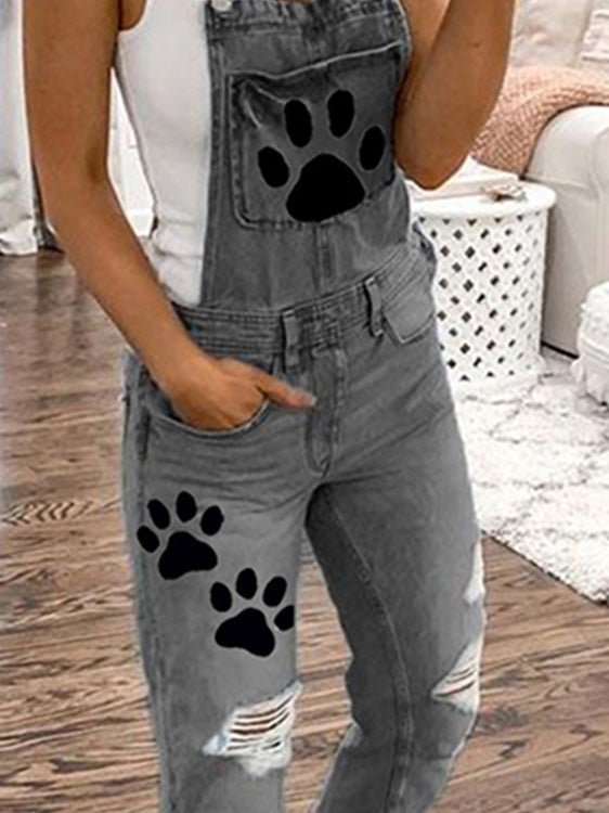 Women's Jumpsuits Animal Paw Washed Ripped Denim Jumpsuit