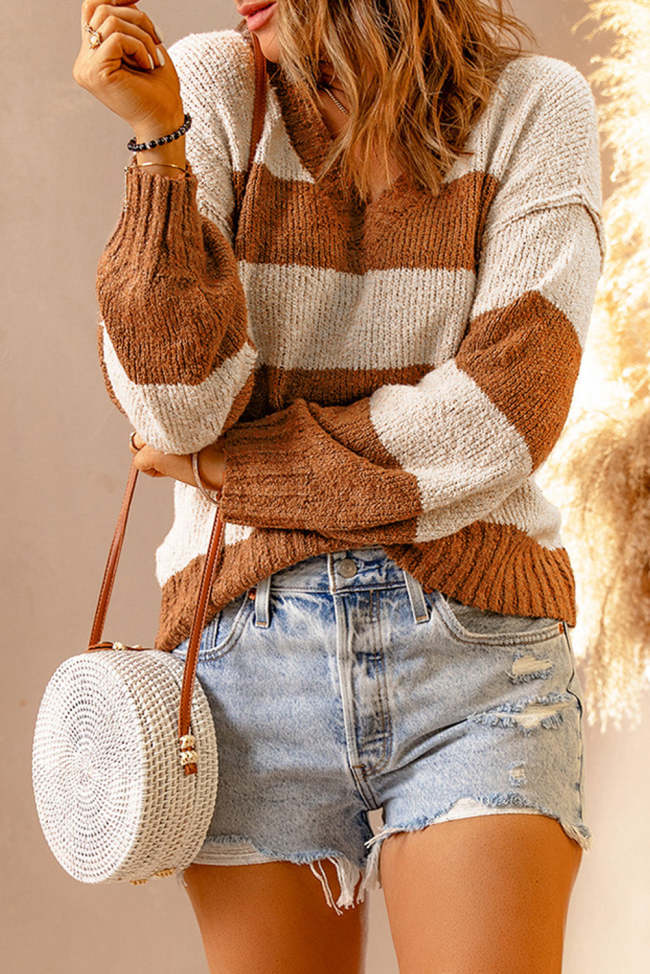 Striped Rib-Knit Dropped Shoulder Sweater