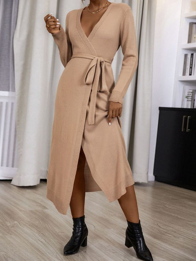 Belted Ribbed Trim Surplice Sweater Dress