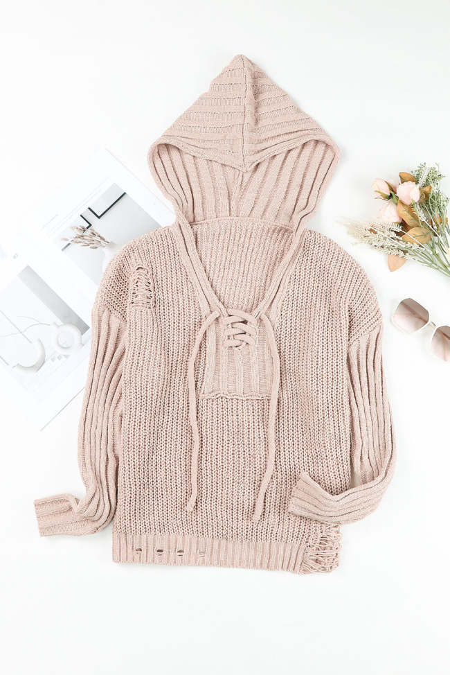 Rib-Knit Distressed Hooded Sweater