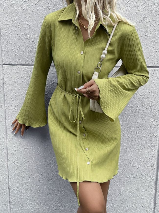 Lettuce Trim Tie-Waist Textured Shirt Dress