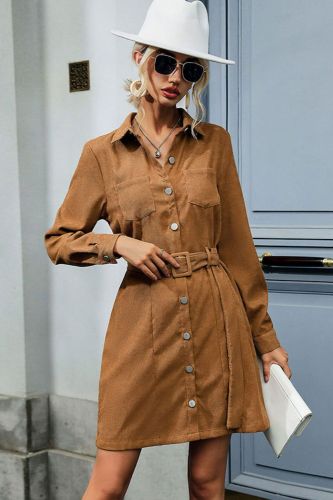 Corduroy Belted Long Sleeve Collared Dress