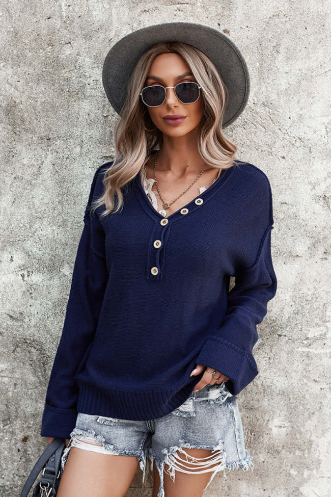 V-neck Button Solid Color Long Sleeve Sweater