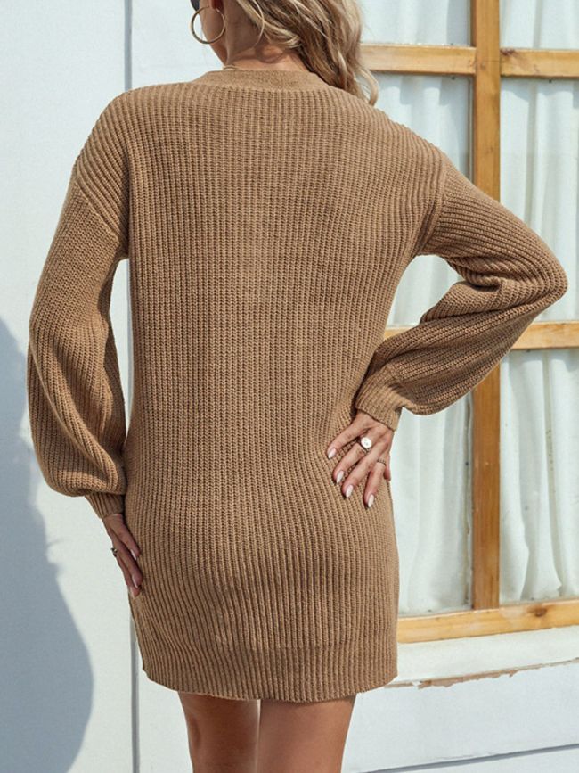 Buttoned V-Neck Dropped Shoulder Sweater Dress