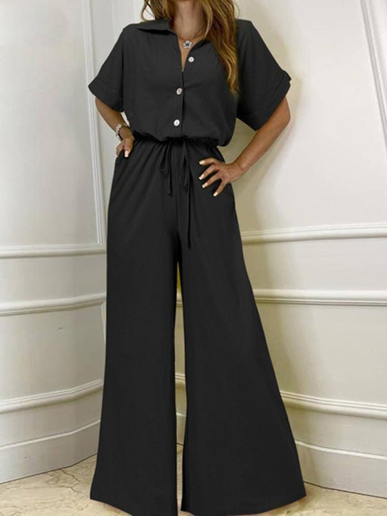 Women's Jumpsuits Lapel Button Short Sleeve Belted Wide Leg Jumpsuit