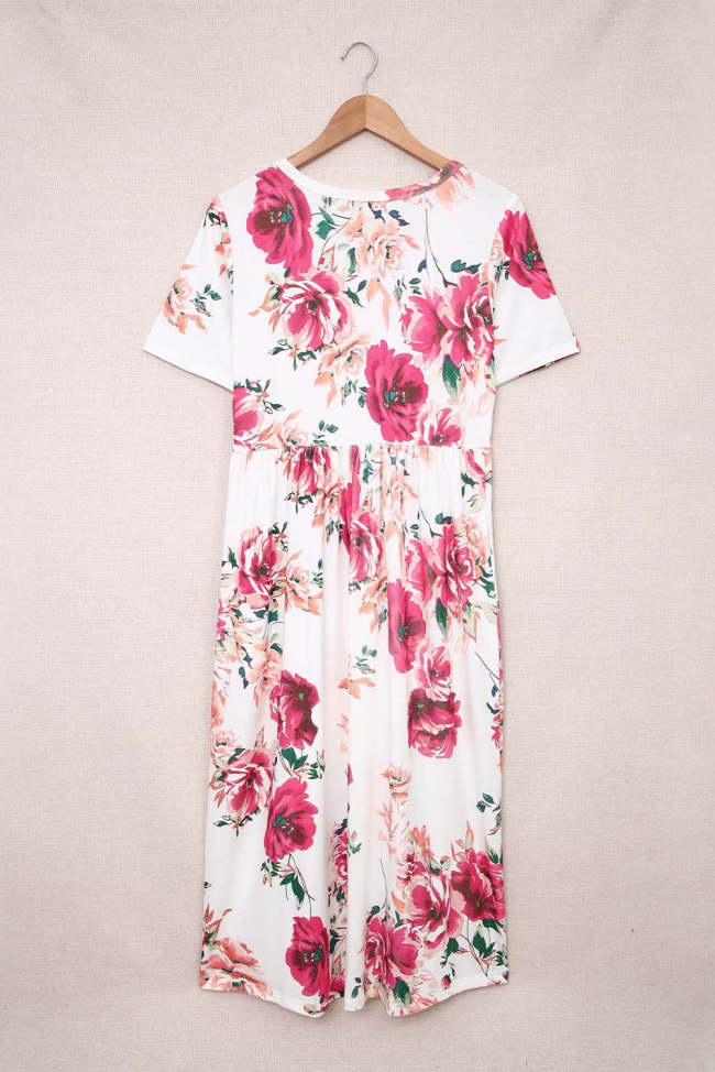 Floral Round Neck Midi Dress with Pockets