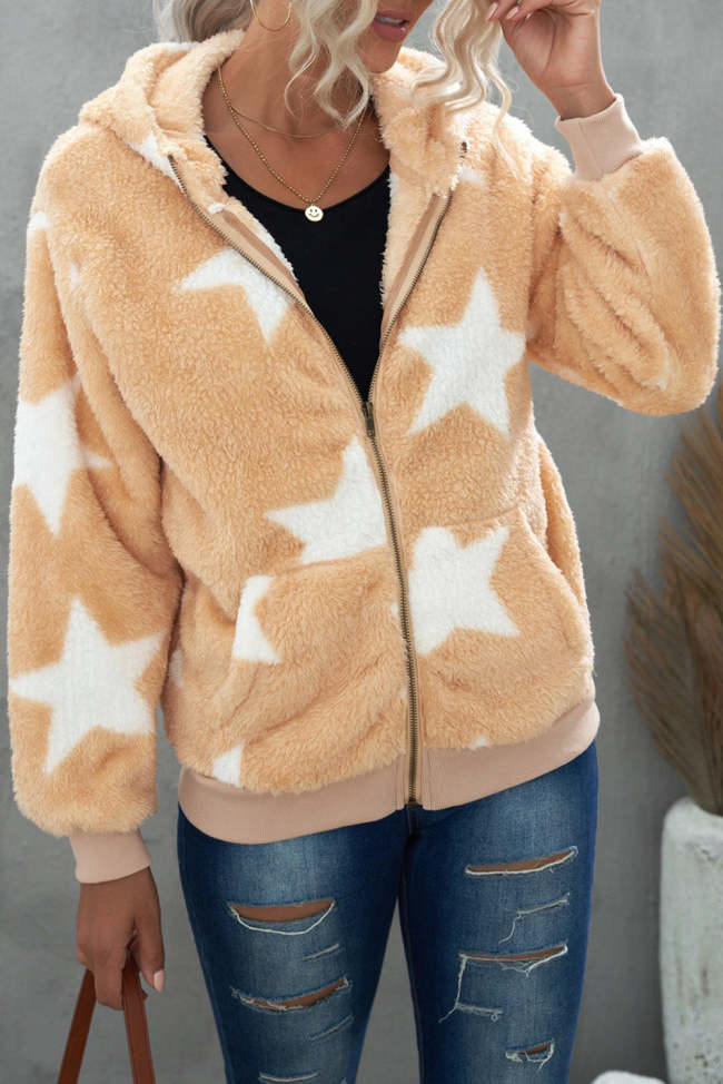 Star Print Zipper Fleece Hooded Coat