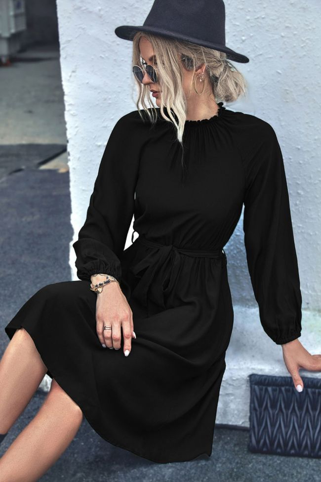 Belted Frill Neck Long Sleeve Dress