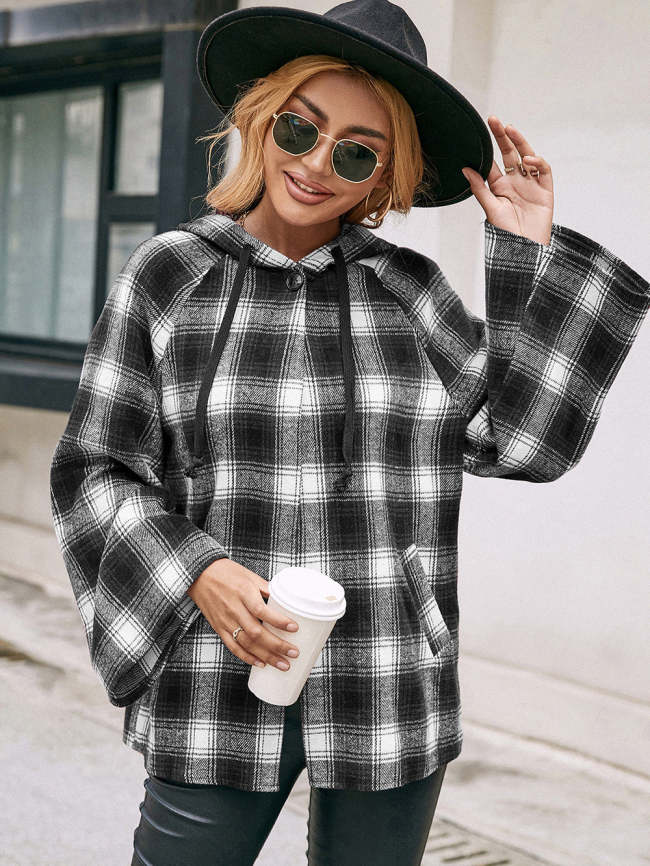 Plaid Drawstring Hooded Poncho Style Coat