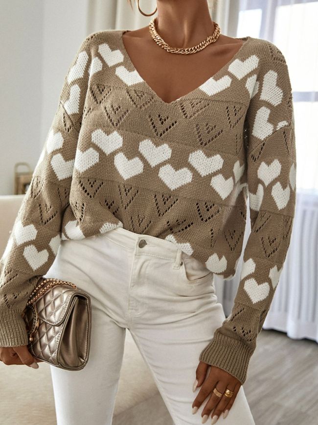 Heart Print V-Neck Sweater