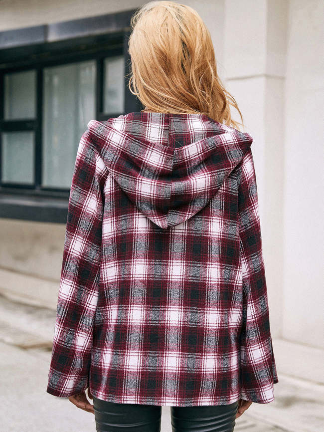 Plaid Drawstring Hooded Poncho Style Coat