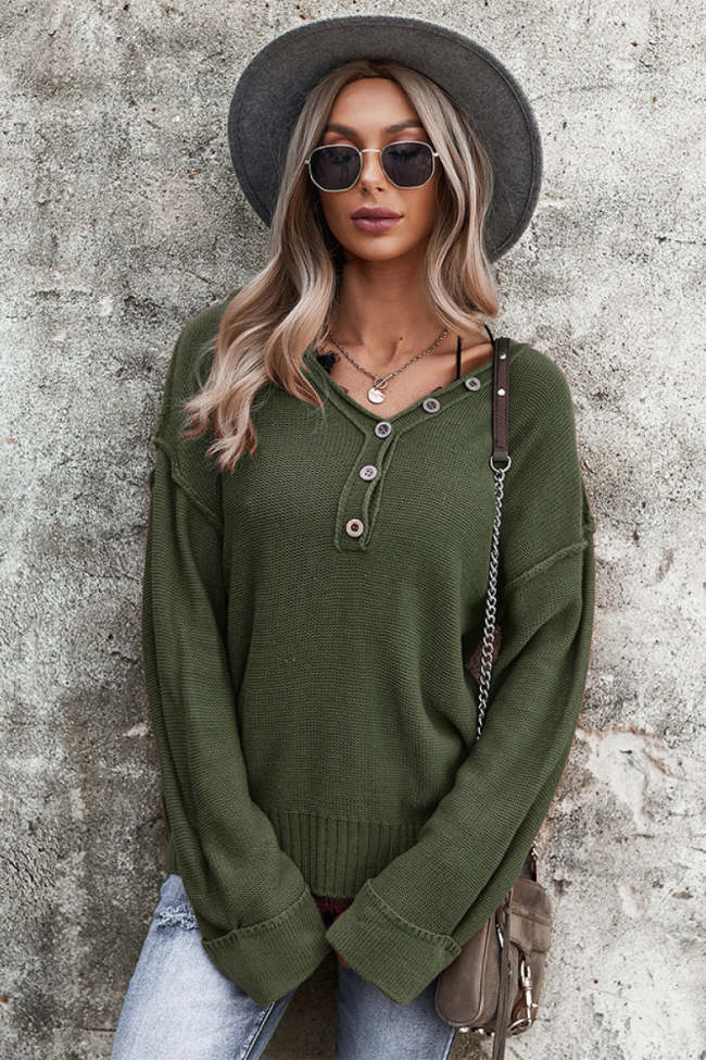 V-neck Button Solid Color Long Sleeve Sweater