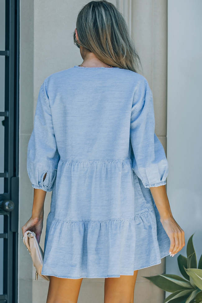 Tie Neck Tiered Denim Dress