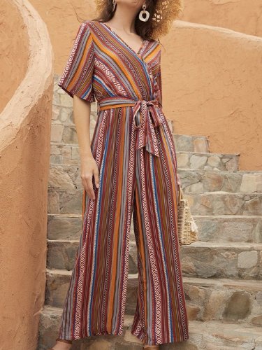 Women's Jumpsuits V-Neck Multicolor Striped Short Sleeve Jumpsuit