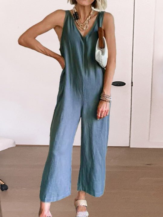 Women's Jumpsuits Loose Solid V-Neck Sleeveless Jumpsuit