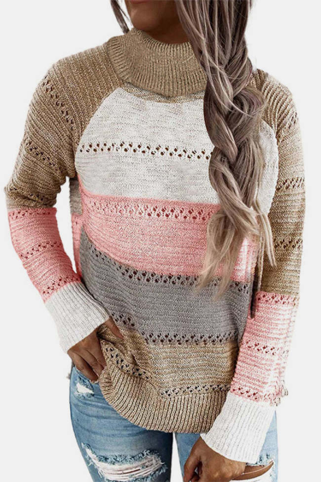 Colorblock Turtle Neck Pointelle Sweater