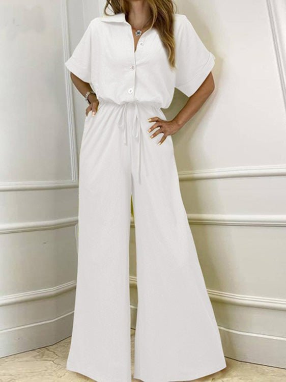 Women's Jumpsuits Lapel Button Short Sleeve Belted Wide Leg Jumpsuit