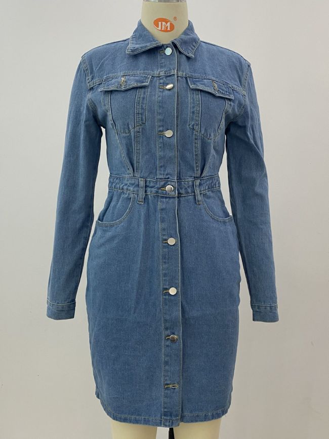 Button Down Collared Belted Denim Dress