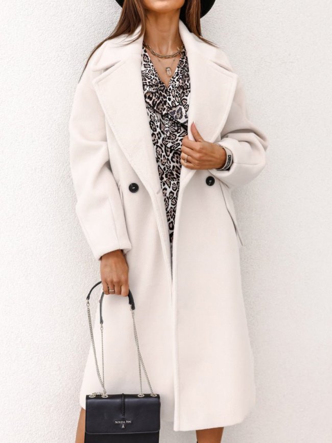 Women's Coats Solid Lapel Button Long Wool Coat