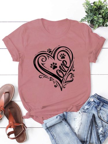 Women's Love Heart Paws Funny Casual Short Sleeve T-Shirt