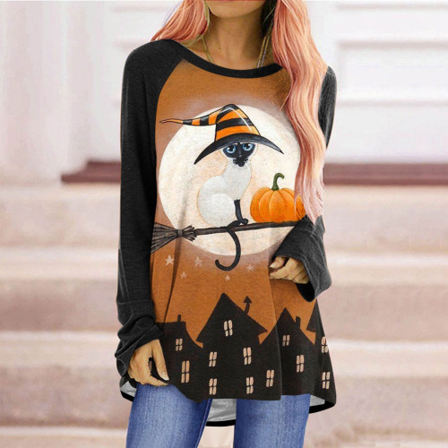 Women's Loose T-Shirts Cat Pumpkin Halloween Print Crew Neck Long Sleeve T-Shirt